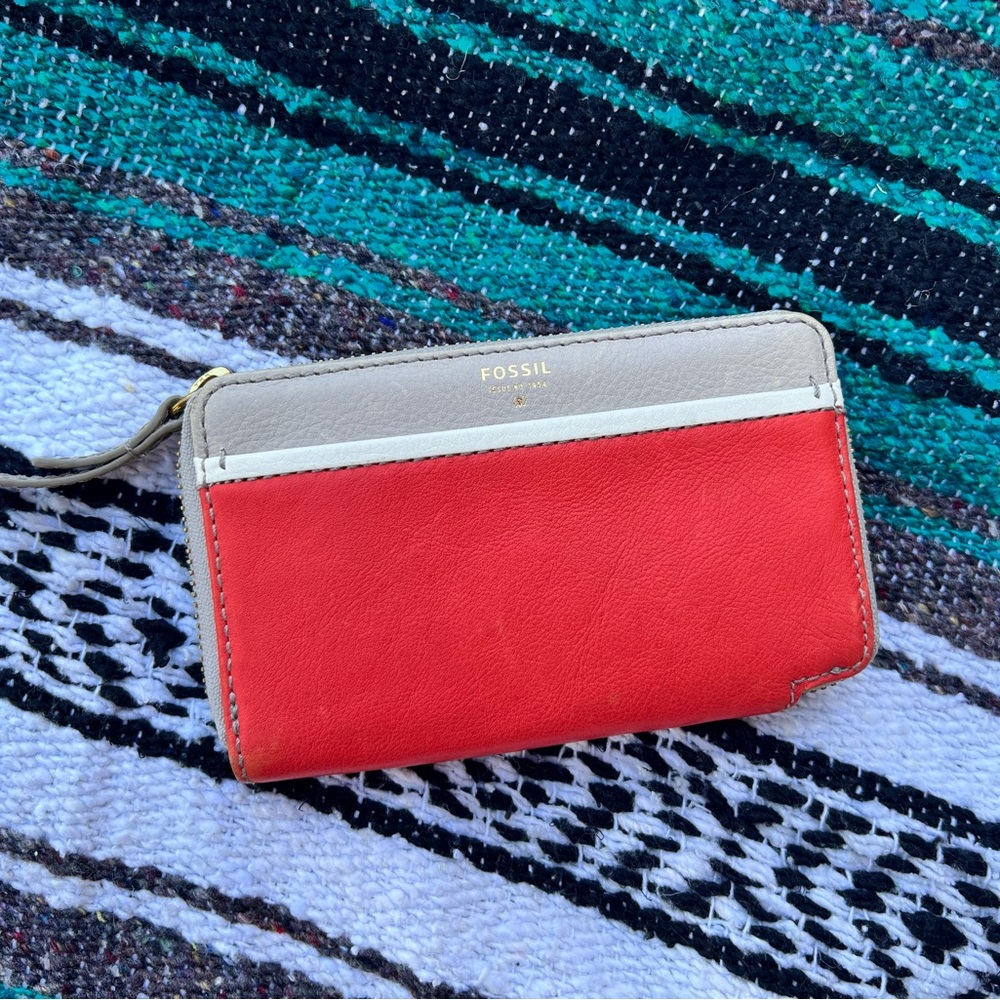 Fossil Zip Wallet, Orangish Red And Gray, Lots Of… - image 1